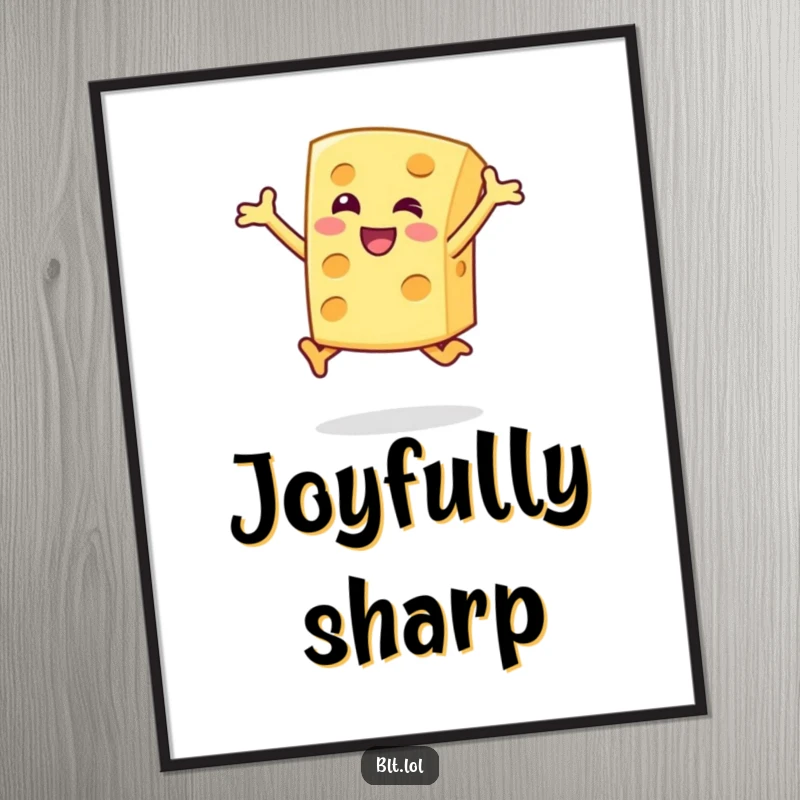 Funny Digital Art Print of a happy cheese slice character doing a joyful jump, a high-resolution humorous food illustration.