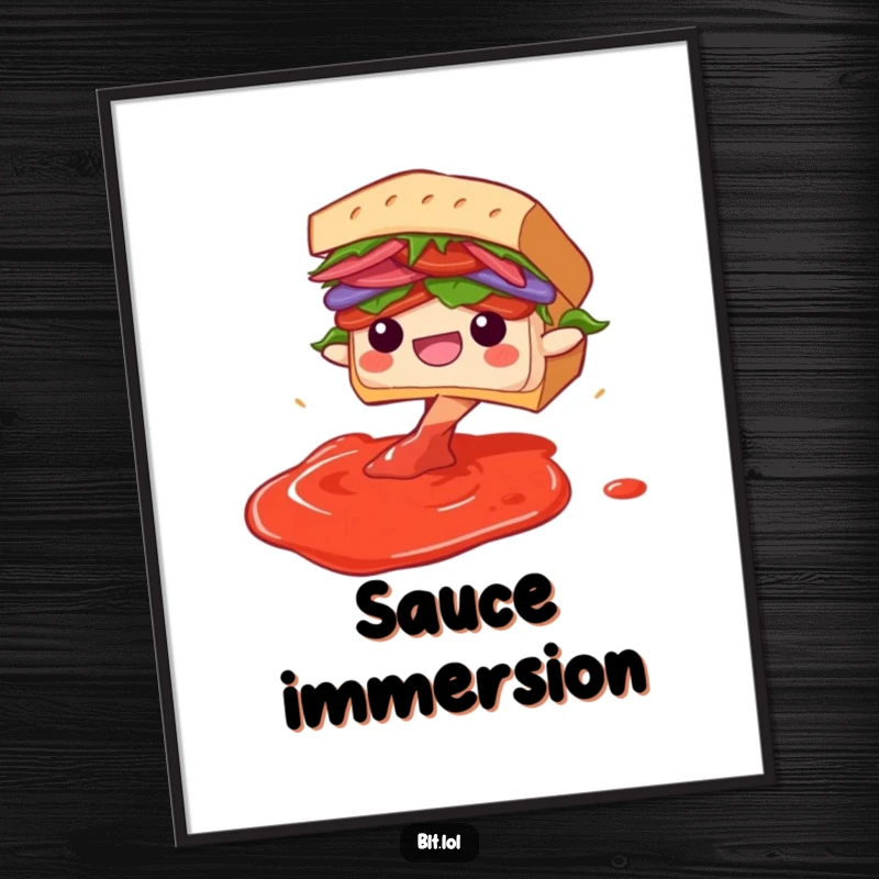 Funny Diving BLT Sandwich Digital Art Print: A whimsical digital artwork of a BLT sandwich joyfully diving into an imaginary sauce pool.