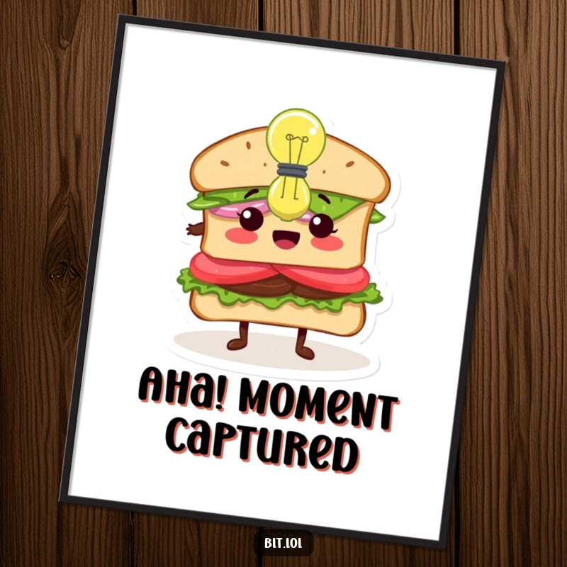 Funny Inspired BLT Sandwich Digital Art Print, a sandwich character with a lightbulb, symbolizing innovation, motivational artwork, perfect funny gift.