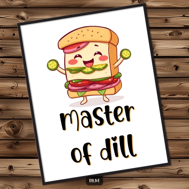 Funny Juggling BLT Sandwich Digital Art Print: A lively digital artwork capturing a BLT sandwich character joyfully juggling pickle slices.