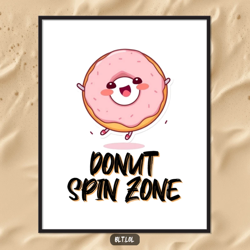 Funny delighted Kawaii donut character spinning, available as a digital art print for immediate enjoyment.