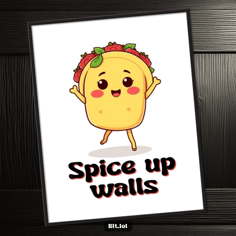 Funny Kawaii taco character with tiny legs performing a salsa dance, available as a digital art print for immediate enjoyment.