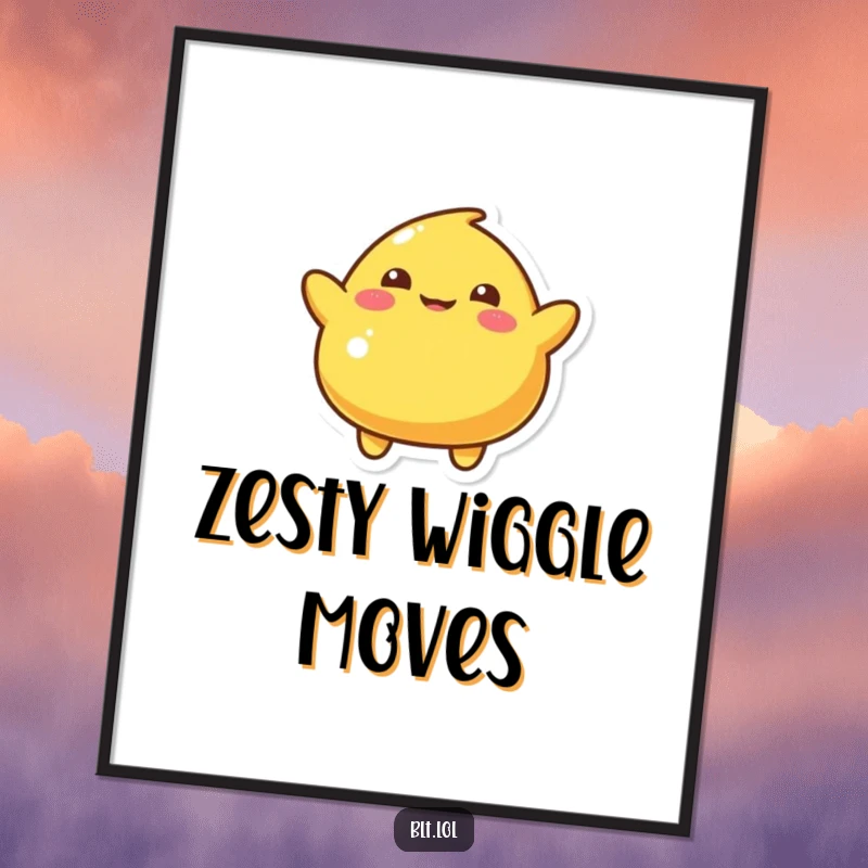 Funny Digital Art Print of a playful mustard blob character doing a silly wiggle, a high-resolution humorous food illustration.