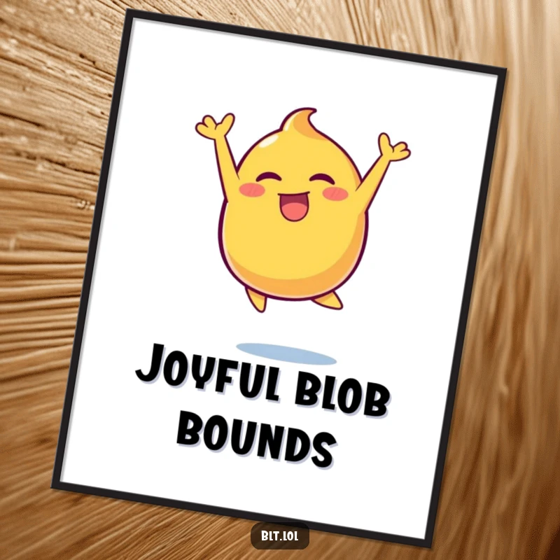 Funny energetic mustard blob captured mid-leap with pure delight, available as a high-resolution digital art print.