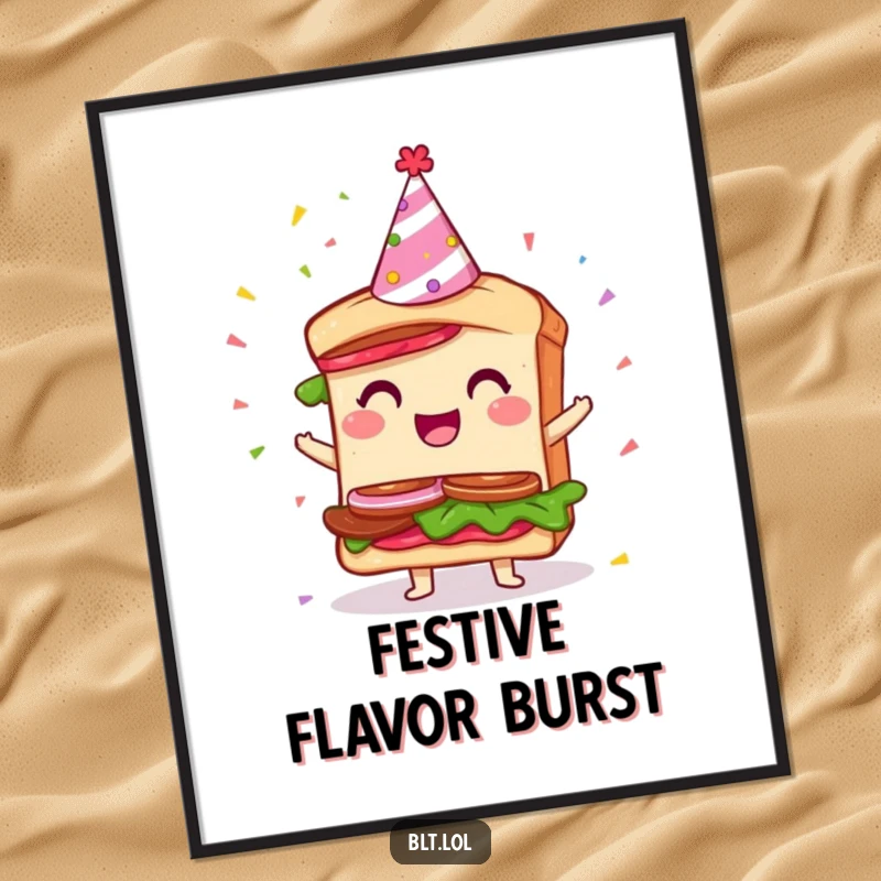 Funny Party BLT Sandwich Digital Art Print: A whimsical digital artwork of a giddy BLT sandwich wearing a party hat with falling confetti.