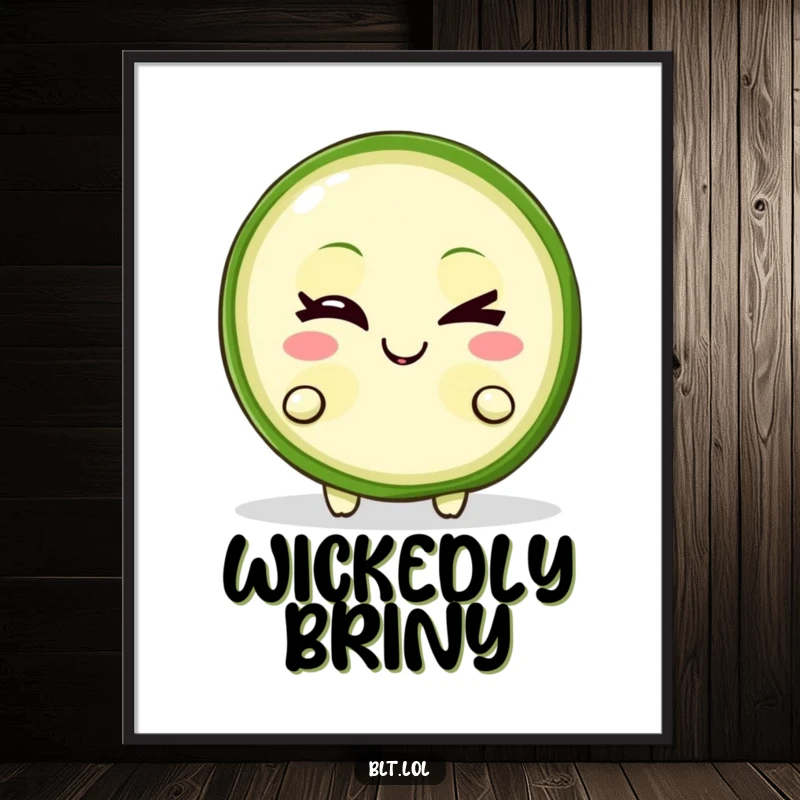 Funny Digital Art Print of a winking pickle slice character with a mischievous grin, a high-resolution humorous food illustration.