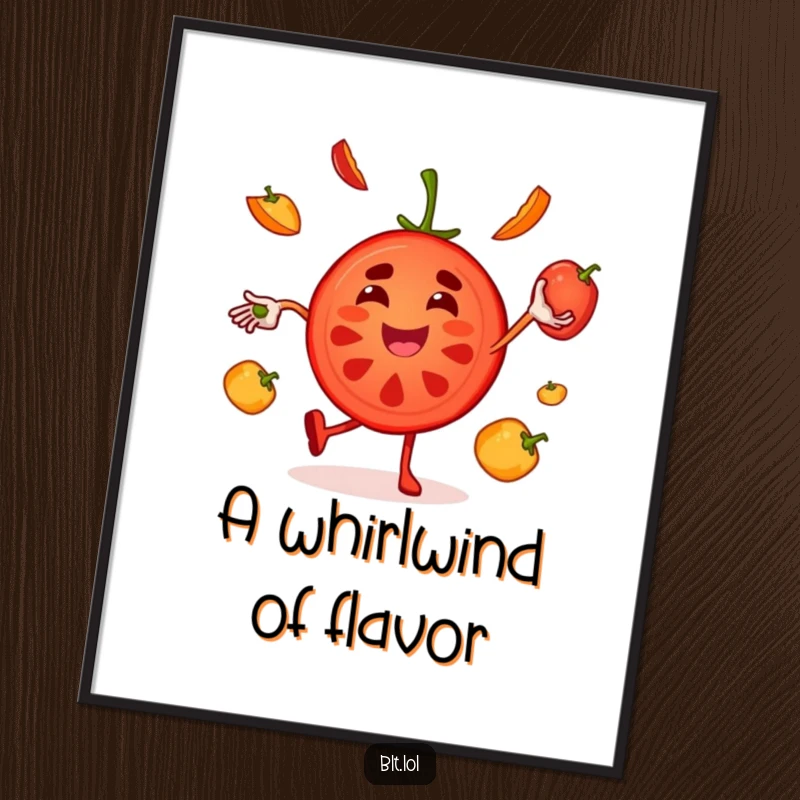 Funny juggling tomato digital art print, showcasing a cheerful character performing a culinary feat with vibrant energy.