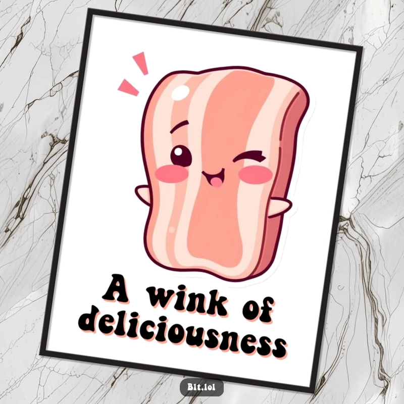 Funny Digital Art: A bacon strip character winking playfully. Printable funny decor.