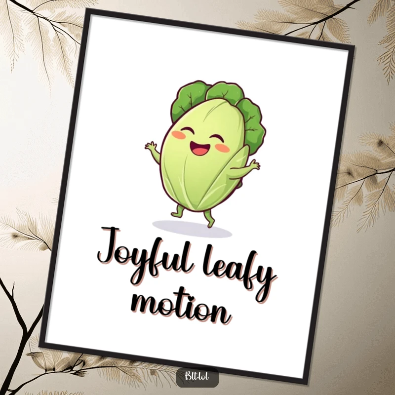 Funny lettuce leaf digital art print of a giggling leaf doing a silly dance, perfect for instant whimsical wall decor.