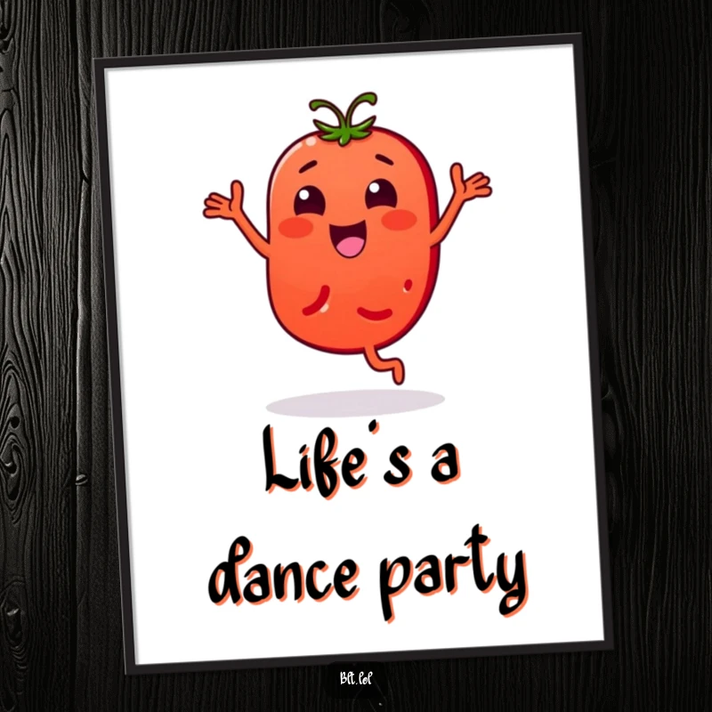 Funny Digital Art: A tomato slice character in a lively bouncy dance. Printable funny decor.