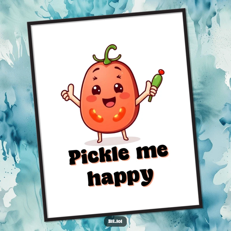 Funny Digital Art Print of a cheerful tomato slice waving a tiny pickle spear, capturing a moment of pure veggie happiness.