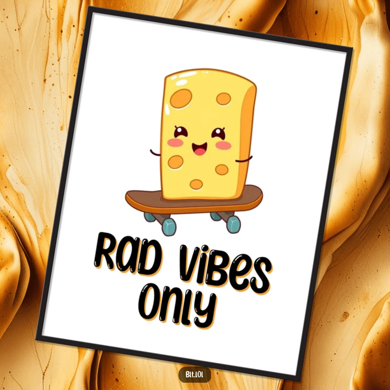 Funny giggling cheese slice on a skateboard, a rad digital art print bringing cheesy humor for a funny gift.