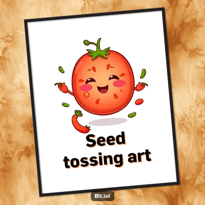 Funny tomato slice enthusiastically juggling pepper seeds, available as a high-resolution digital art print for immediate enjoyment.