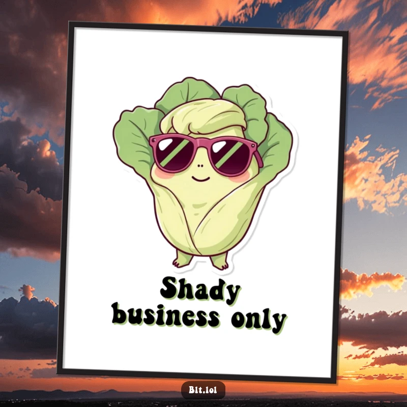 Funny Digital Art: A cool lettuce character in sunglasses, exuding chill vibes. Printable funny decor.