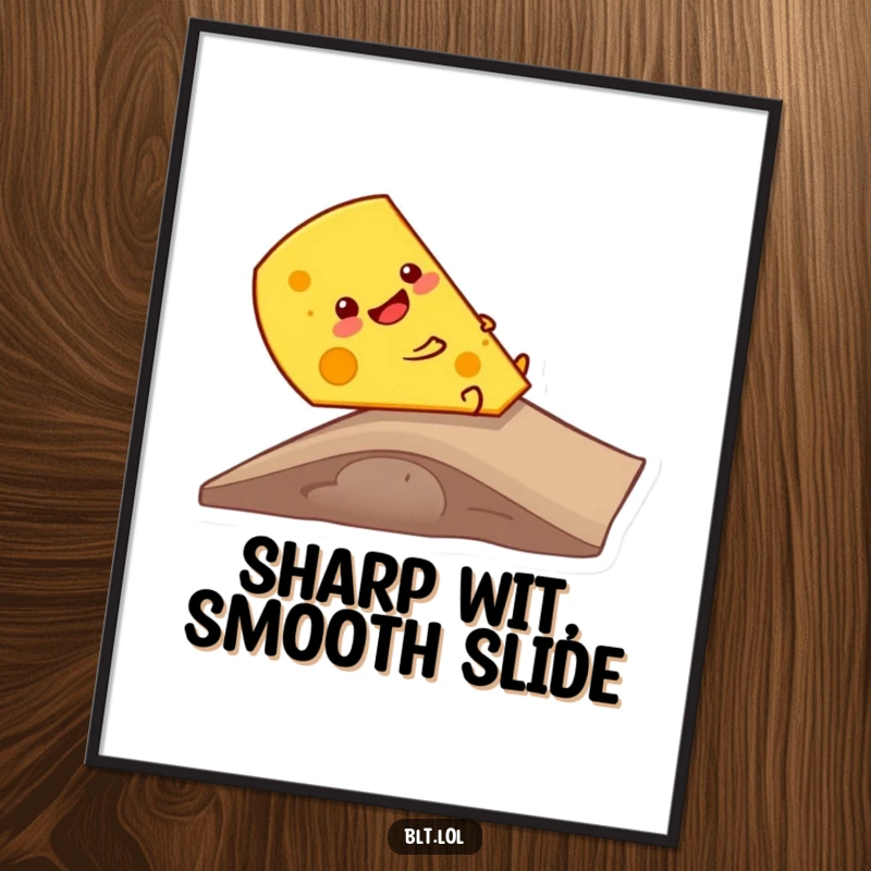 Funny giggling cheese slice sliding down a ramp, rendered as cheerful digital art, bringing instant dairy humor.