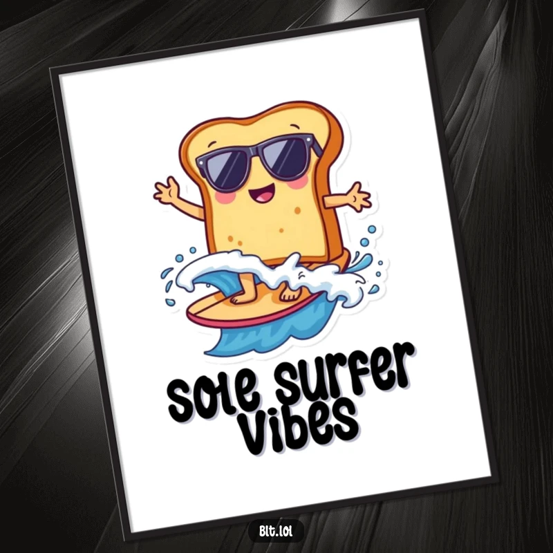 Funny bread slice in sunglasses surfing a wave, rendered as cool digital art, bringing instant beach humor.