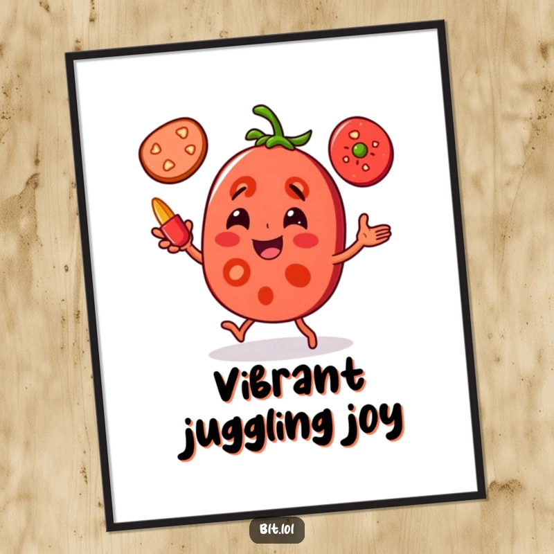 Funny Tomato Juggling Digital Art: A joyful tomato slice character is juggling pepper slices, offering humorous and charming digital decoration.
