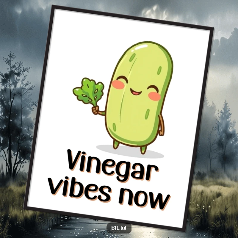 Funny digital art print of a smiling anthropomorphic pickle winking and holding a tiny lettuce leaf, perfect for instant humorous wall decor.