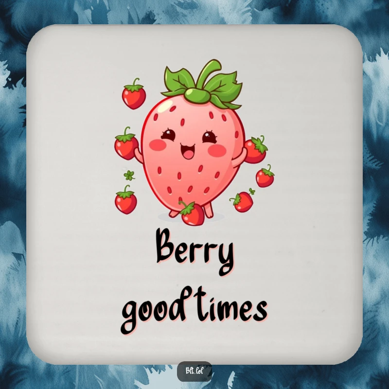 Funny giggling Kawaii strawberry character juggling berries on a drink coaster, protecting surfaces with charm.