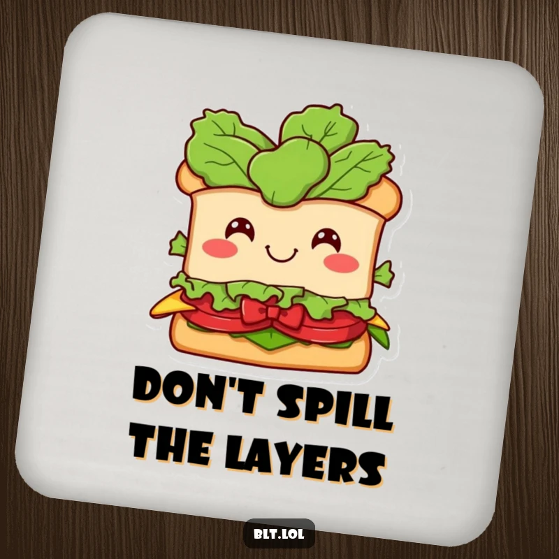 Funny BLT Sandwich Coasters: A smiling BLT character with a lettuce head in a bow, adding humorous protection to surfaces.