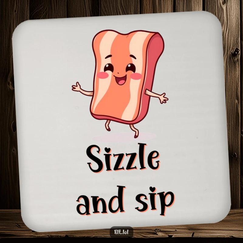 Funny Drink Coaster with a smiling bacon strip doing a bouncy dance, adding a humorous and energetic element.
