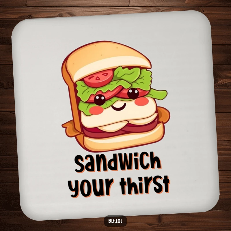 Funny BLT sandwich coasters featuring a cheerful sandwich character with a lettuce bow, protecting tables with food-themed humor.