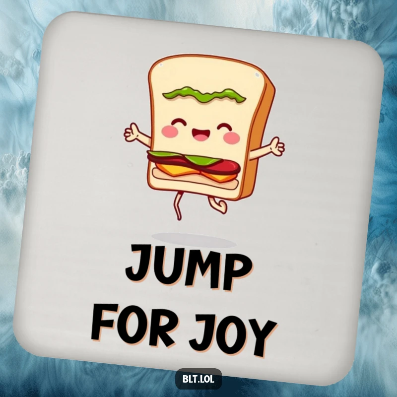 Funny drink coaster with a BLT sandwich character joyfully jumping rope, adding a humorous element to any beverage.