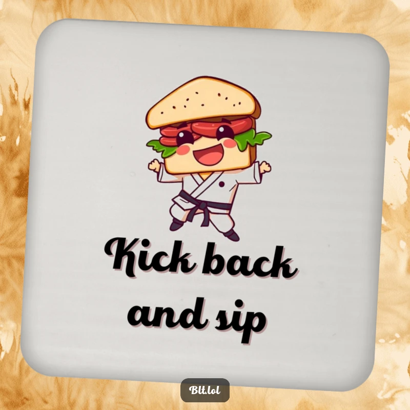 Funny BLT sandwich character performing a karate kick, designed to protect surfaces with a humorous flair.