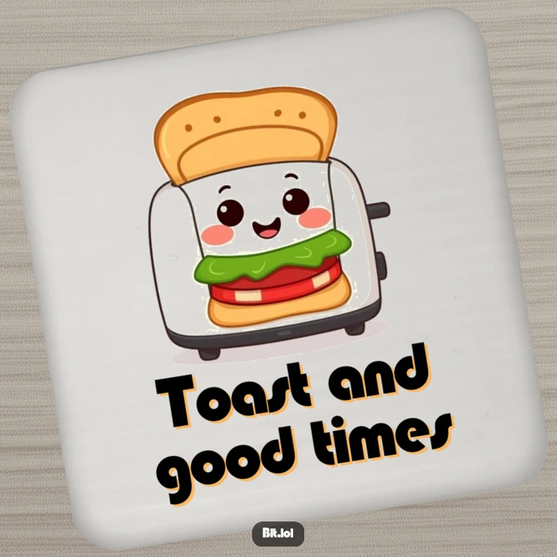 Funny Drink Coaster featuring a cheerful BLT sandwich character emerging from a toaster, adding a touch of breakfast humor to any table.