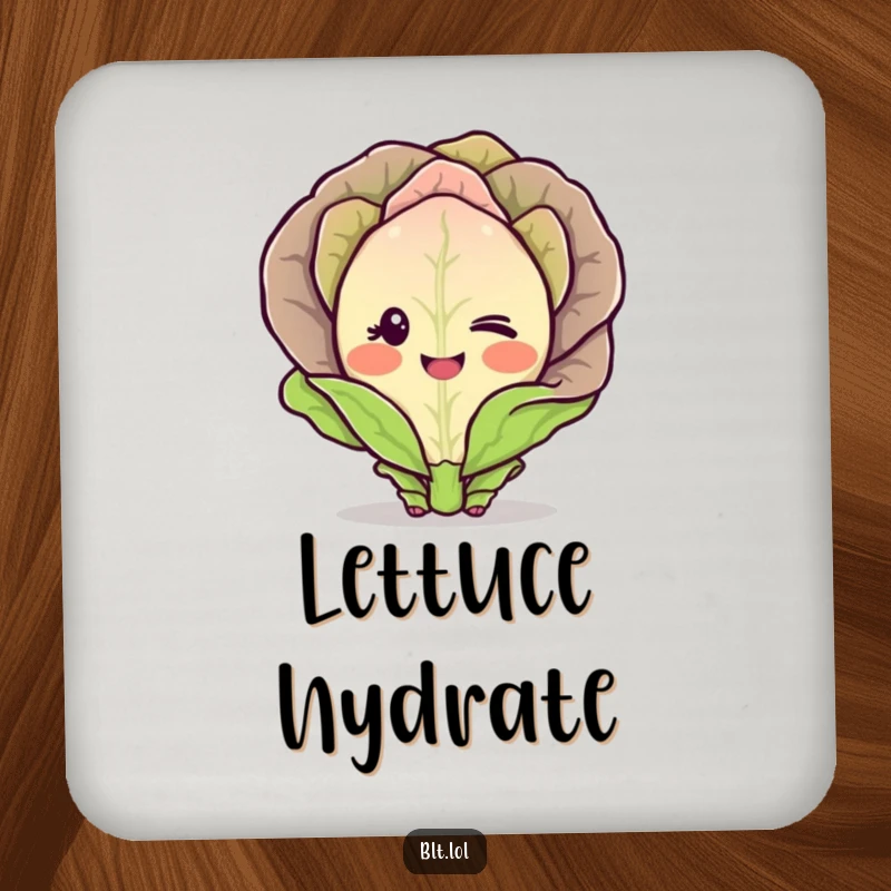 Funny Coaster featuring a blushing lettuce character winking shyly, protecting surfaces with a humorous vegetable design.