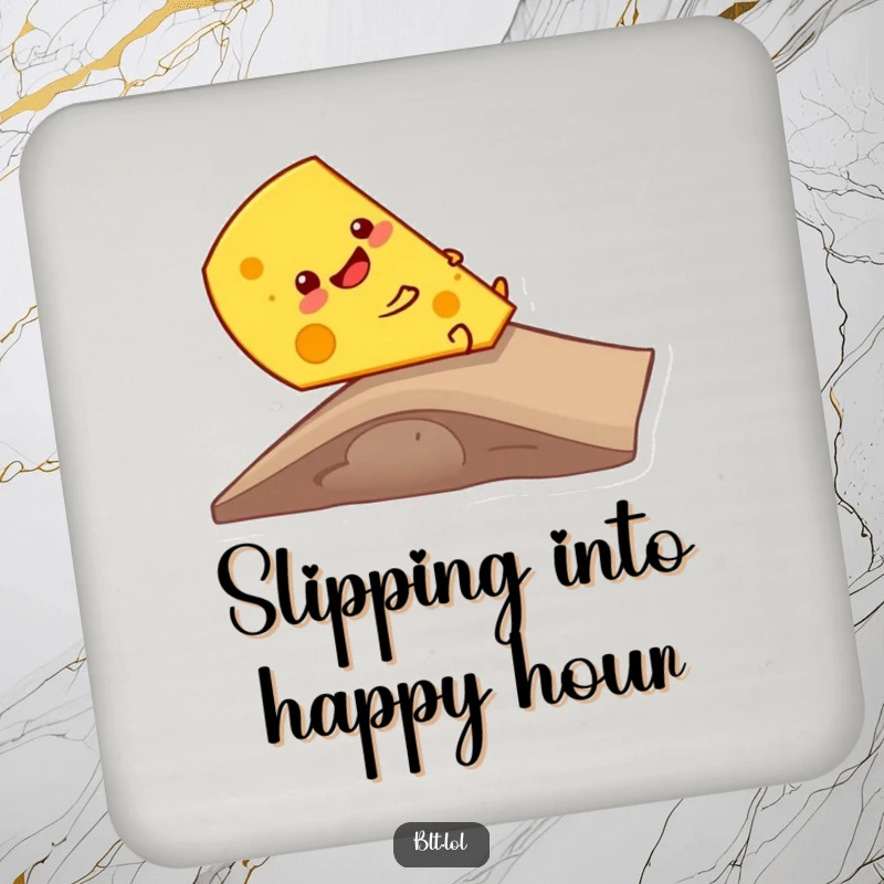 Funny giggling cheese slice sliding down a ramp, protecting a drink, these coasters add cheesy humor to any surface.