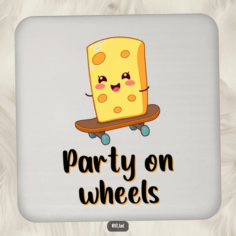 Funny giggling cheese slice on a skateboard on a drink coaster, protecting surfaces with rad, cheesy humor.