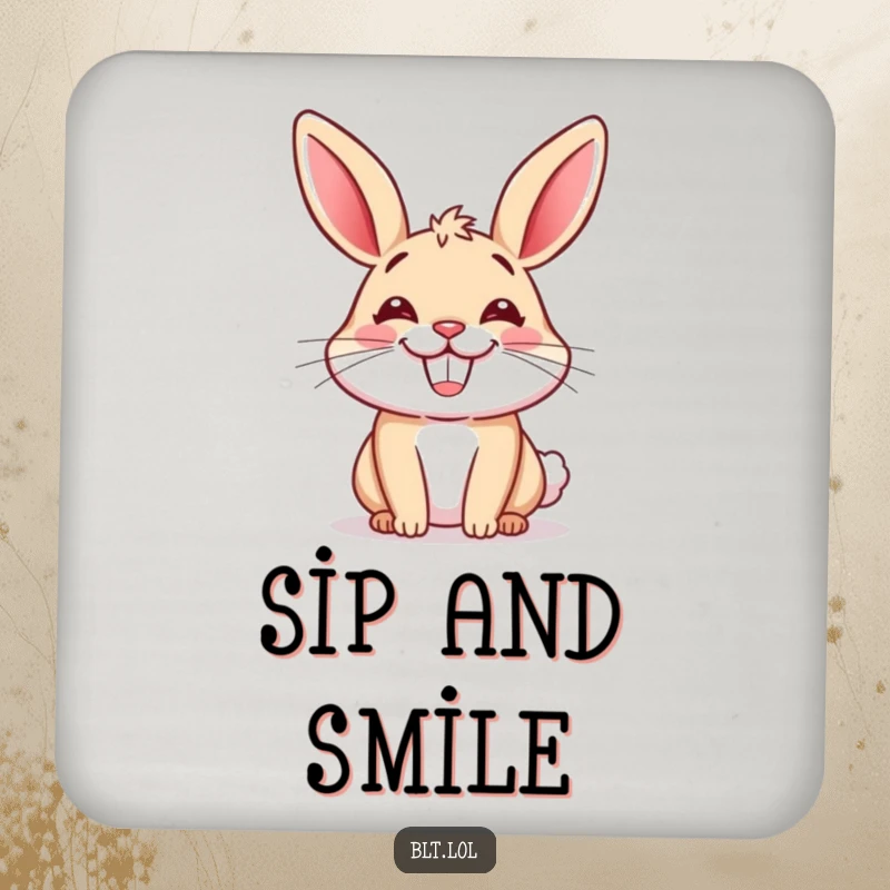 Funny drink coaster displaying a happy cartoon bun with a wide, delightful grin, protecting tables with charm.