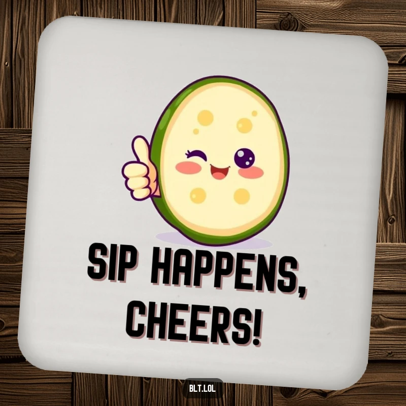 Funny happy pickle slice giving a thumbs up on a drink coaster, protecting surfaces with positive, cheerful humor.