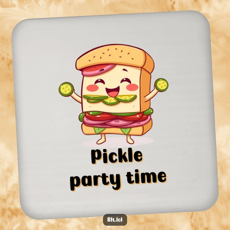 Funny Juggling BLT Sandwich Coaster: A coaster featuring a BLT sandwich character happily juggling pickle slices, adding a humorous touch.