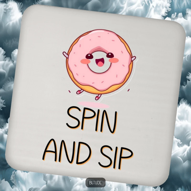 Funny delighted Kawaii donut character spinning on a drink coaster, protecting surfaces with charm.