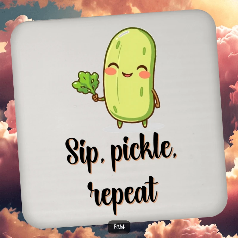 Funny coaster featuring a smiling anthropomorphic pickle winking and holding a tiny lettuce leaf, protecting surfaces with humor.