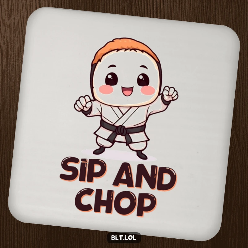 Funny sushi coaster featuring a smiling sushi piece executing a karate chop, protecting furniture with humor.
