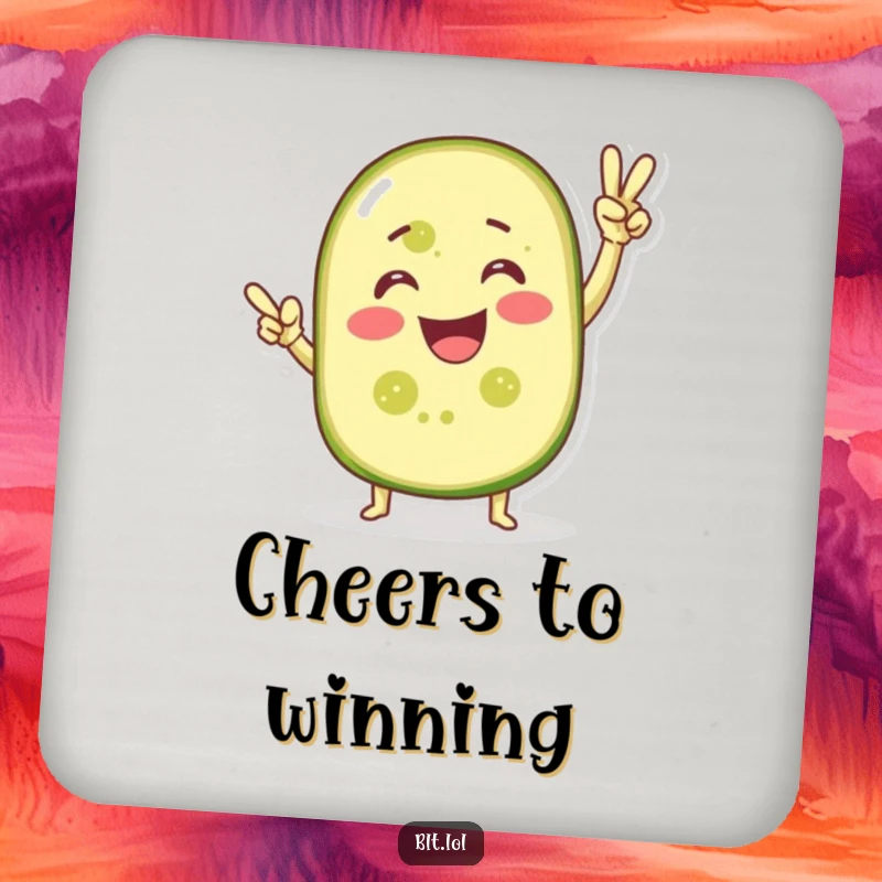 Funny drink coaster featuring a smiling pickle slice in a victory pose, protecting surfaces with humor and cheer.