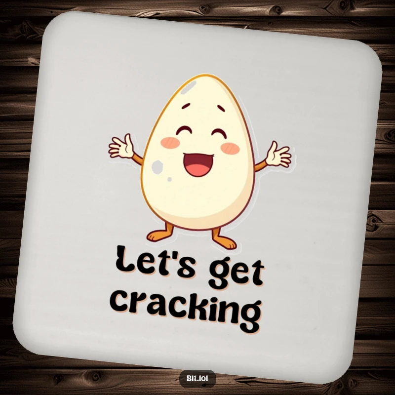Funny anthropomorphic egg character waving enthusiastically, a humorous and cheerful drink coaster.
