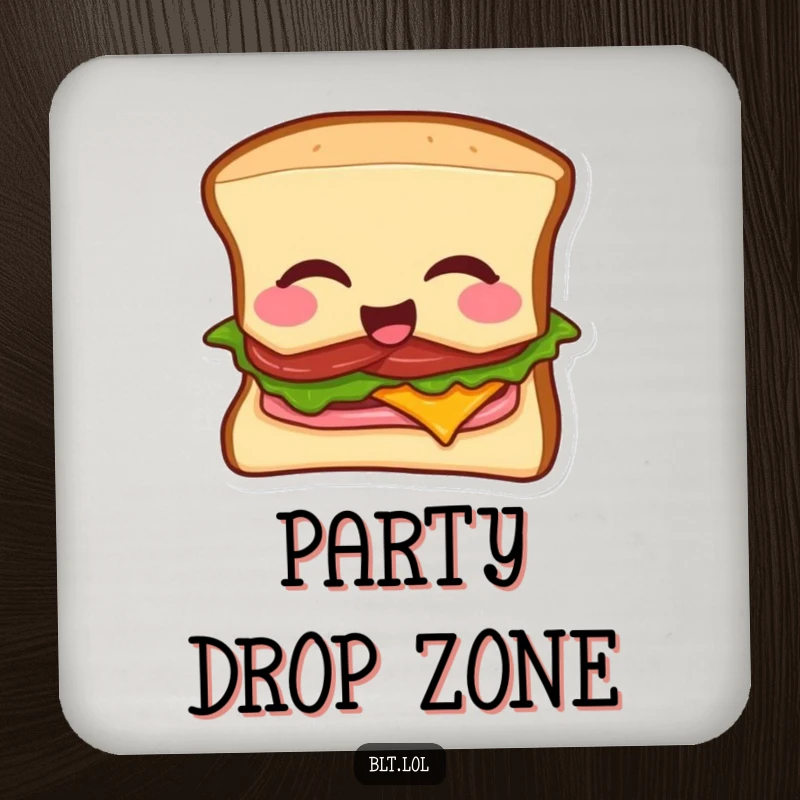 Funny BLT sandwich coaster with a winking sandwich dropping a microphone, protecting furniture with comedic flair.