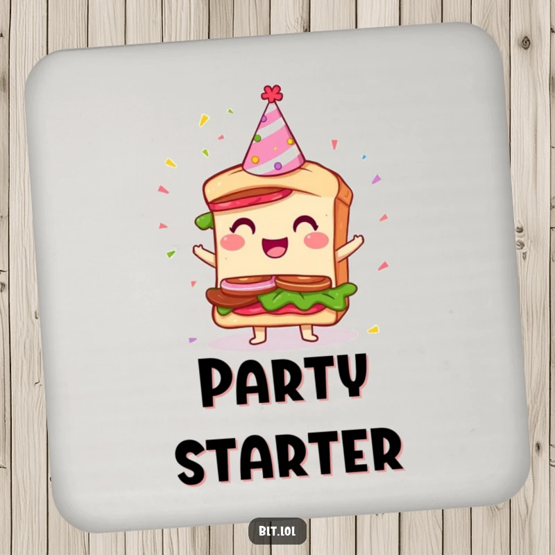 Funny Party BLT Sandwich Coaster: A coaster featuring a giddy BLT sandwich wearing a party hat amidst falling confetti, adding humor.