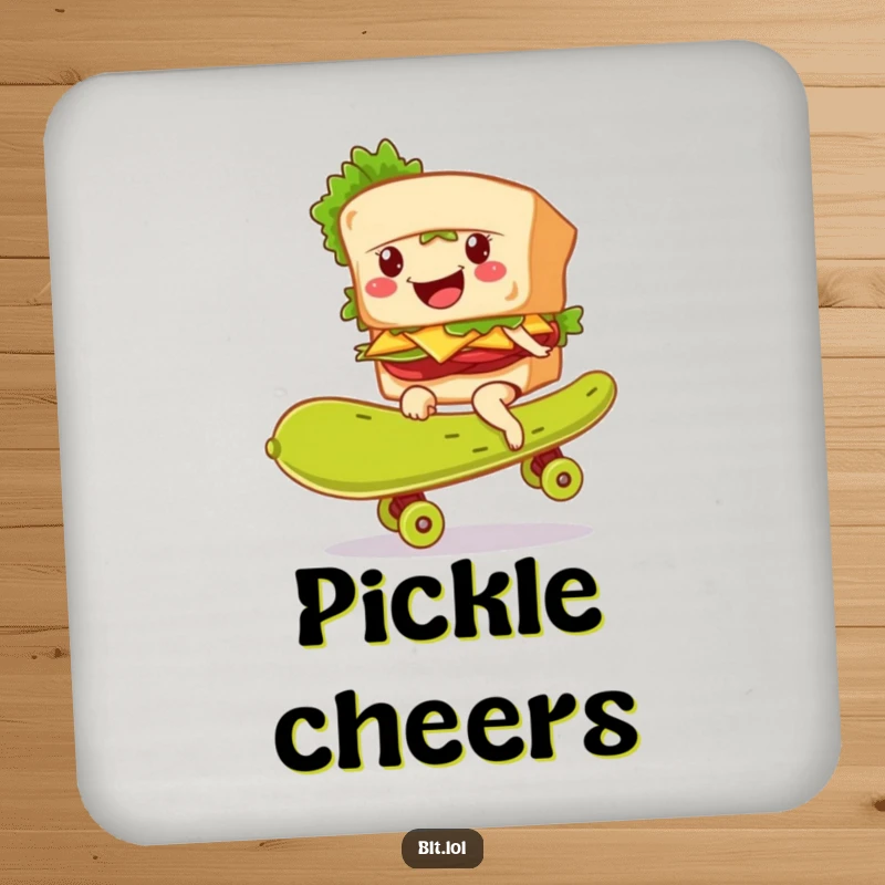 Funny BLT sandwich character smiling while skateboarding on a giant pickle, depicted on a protective drink coaster.