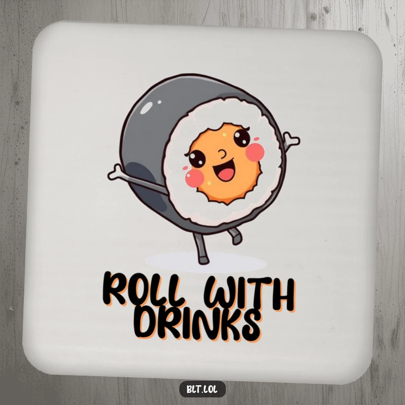 Funny smiling Kawaii sushi roll character doing a cartwheel on a drink coaster, protecting surfaces with humor.