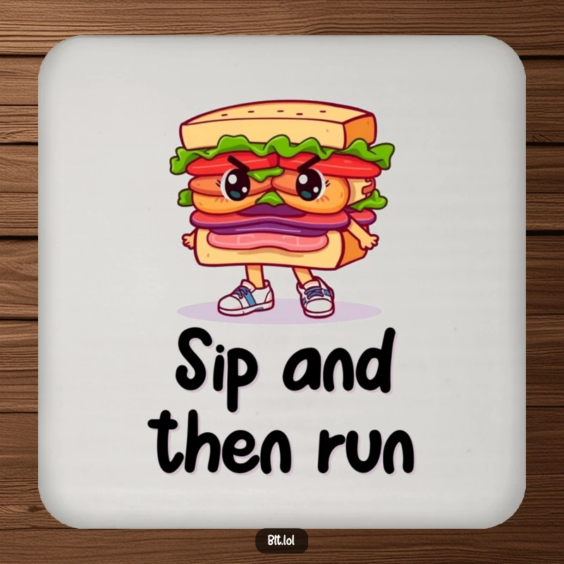 Funny Drink Coaster featuring a determined BLT sandwich character wearing running shoes, adding a touch of fitness humor.