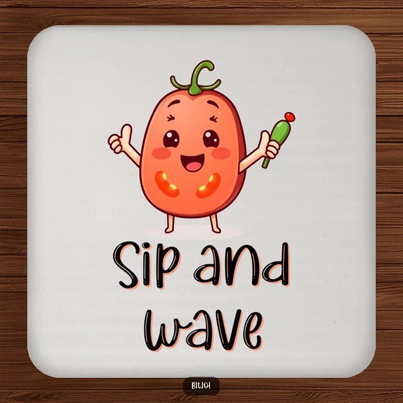 Funny Drink Coaster with a cheerful tomato slice waving a small pickle spear, adding a humorous and friendly element.