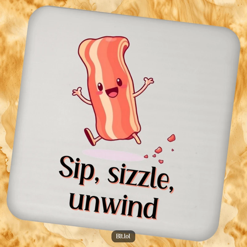 Funny coaster featuring an anthropomorphic bacon strip cartwheeling and leaving tiny crumbs, protecting surfaces with breakfast humor.