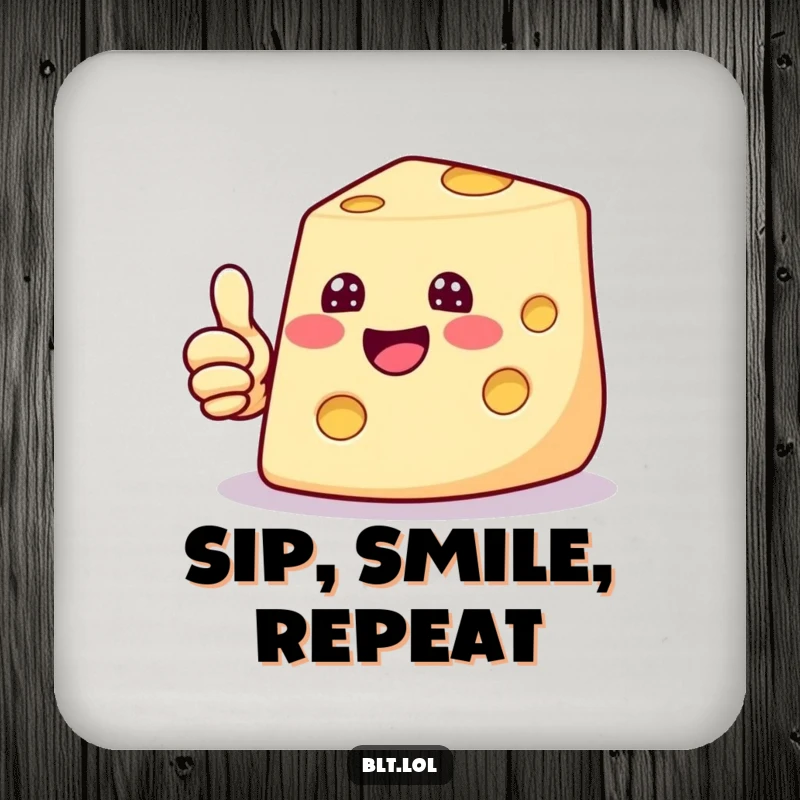 Funny drink coaster featuring a beaming cheese slice giving a thumbs up, protecting surfaces with a positive, cheesy touch.