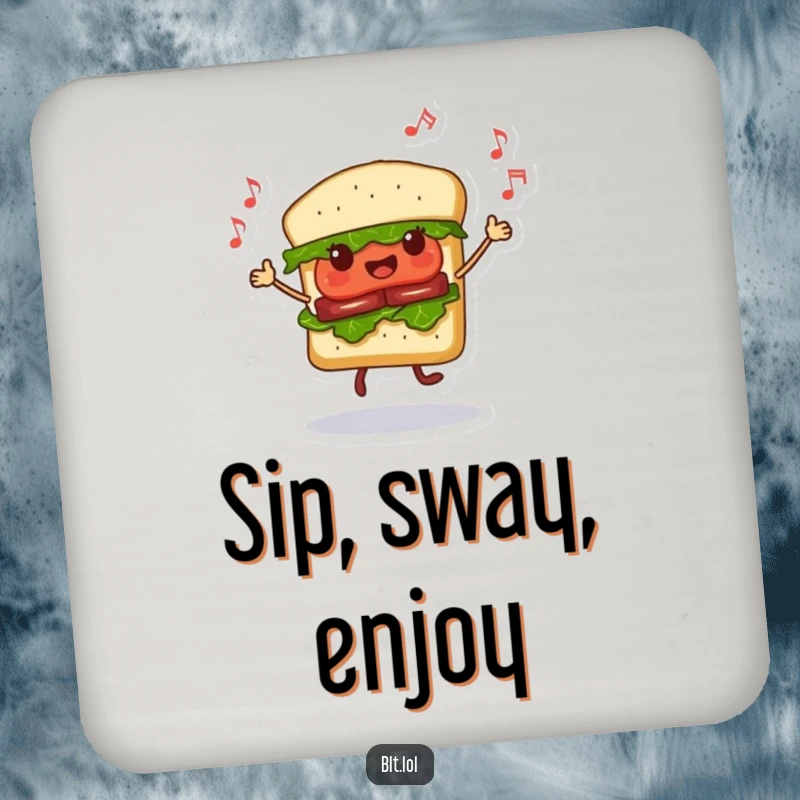 Funny Dancing BLT Sandwich Coasters, a sandwich character dancing with musical notes, protecting surfaces with humor, ideal funny gift.