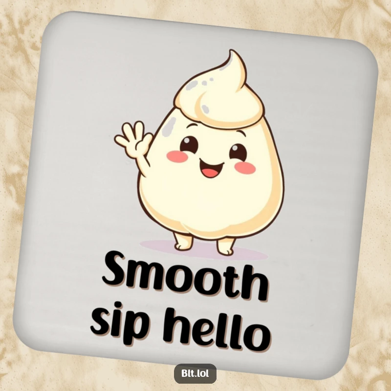 Funny mayonnaise dollop waving hello, designed on protective drink coasters for a humorous and friendly touch.